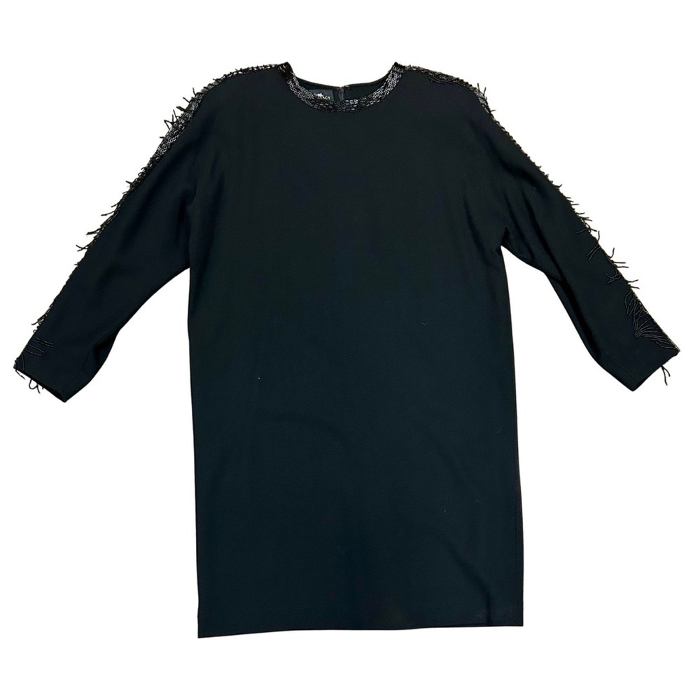Vintage Ellen Tracy 100% Wool Black Beaded Shift Dress | Size 16